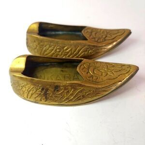 Vintage Ankara Turkey Islamic Solid Brass Hand Engraved Ashtray Shoe Slipper Set